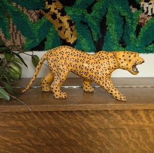 Vintage 70s Leather Leopard Figurine Hand Painted Safari Animal Decor Statement